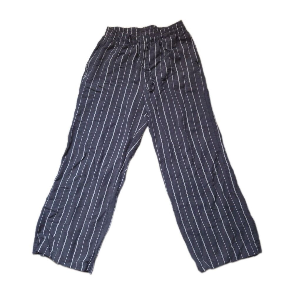 H&M Navy White Pinstripe Linen Blend Wide Leg Pull On Pants Womens S EUC